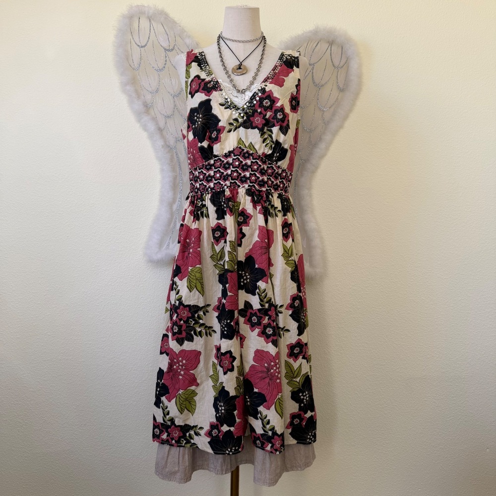 Earthy Mori Girl Whimsy Twee Floral Cotton‎ Sequin V-Neck Dress Sparkly Babydoll